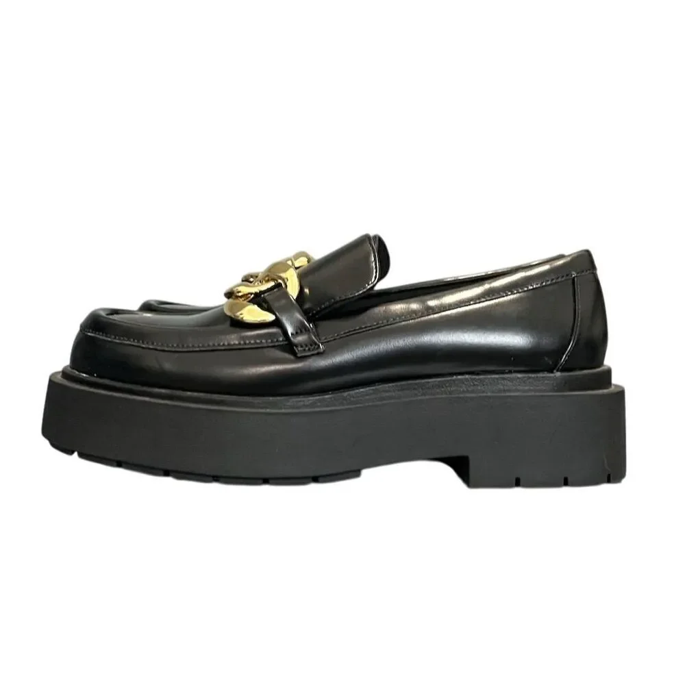 H&M Women's Black Faux Leather Platform Loafers 9 Chunky Gold Chain Gothic Party